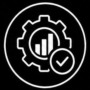Operational Excellence Icon Gear, performance bars, with a checkmark representing process improvement and quality.