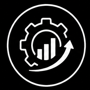 Business Transformation Icon A gear with growth bars and arrows representing transformation and organizational progress.